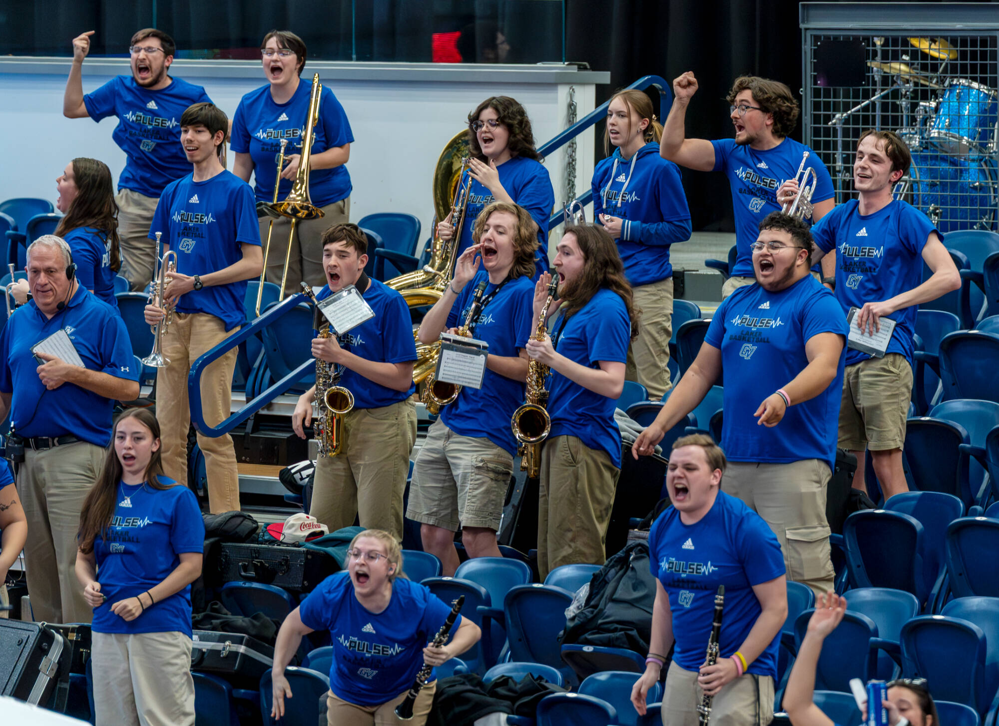 The GVSU pep band cheers against Cal-State Dominguez Hills in the NCAA Division II National Championship at the UPMC Cooper Fieldhouse in Pittsburgh on March 28.